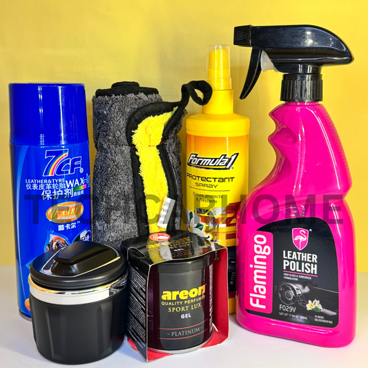 Display of the Ultimate Bundle in action with the LED ashtray and Flamingo Leather Polish ensuring a clean, fresh, and protected car interior.
