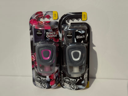 Dual display of Aroma Ventis Air Fresheners in 'Black Orchid' and 'Black,' perfect for various preferences.