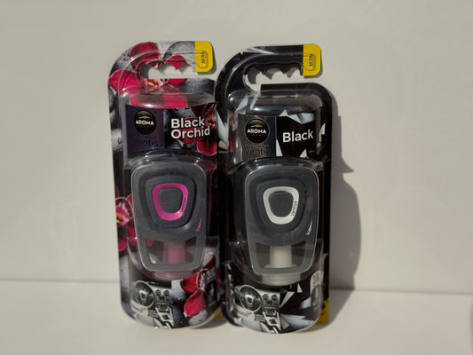 Dual display of Aroma Ventis Air Fresheners in 'Black Orchid' and 'Black,' perfect for various preferences.