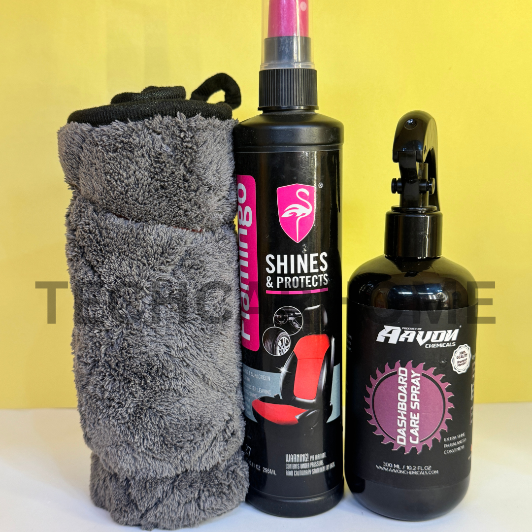 Essentials car care bundle angled view – compact cleaning kit ideal for maintaining dashboards and interior surfaces.