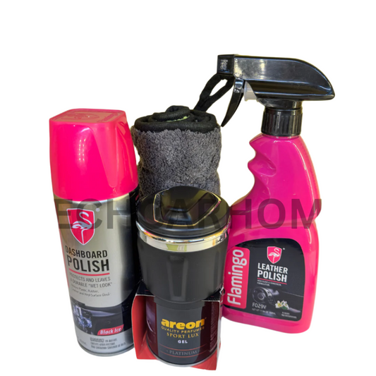 Flamingo Dashboard and Leather Polish sprays featured from the 5-in-1 car care bundle – for surface shine and protection.
