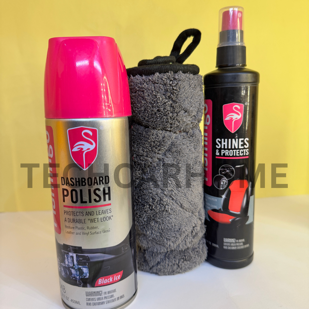 Flamingo Shine & Protect and Dashboard Polish Spray – featured interior detailing items from the 3-in-1 bundle.