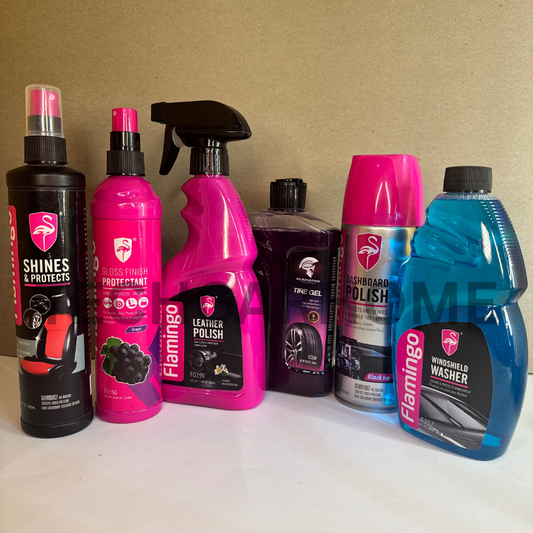 Full 6-piece Flamingo car care bundle on mustard yellow background – complete detailing kit for both interior and exterior.