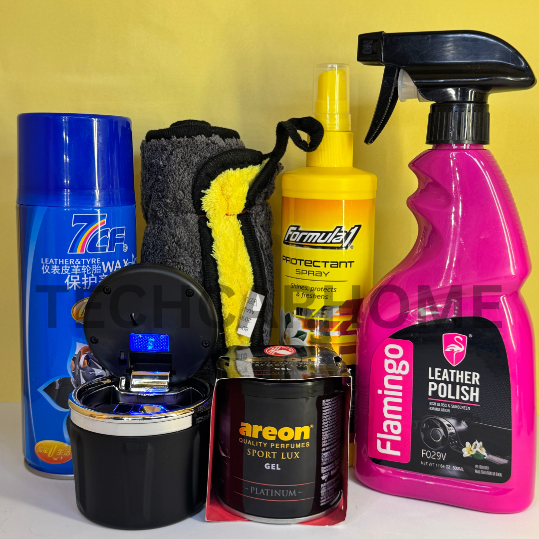 Full 6-piece car care bundle displayed on a mustard yellow background, featuring premium dashboard and leather care products along with an LED ashtray.
