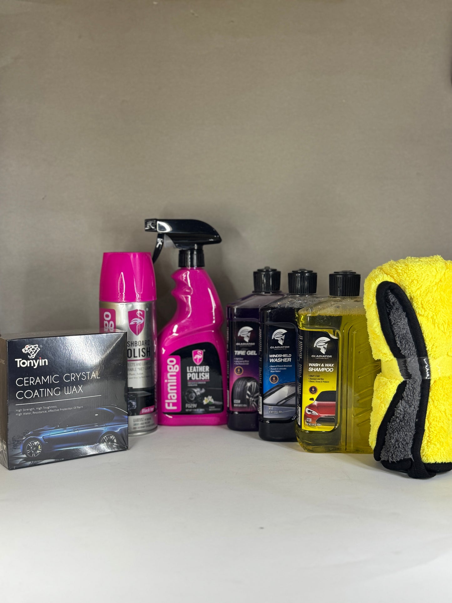Full Ultimate Car Care Bundle layout – all six products arranged aesthetically for interior and exterior detailing
