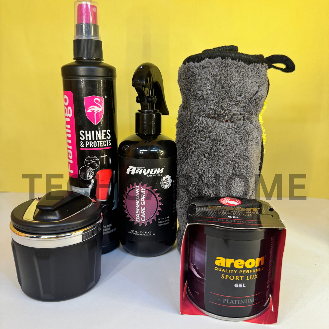 Full line-up of Everyday Interior Essentials Bundle including dashboard care spray, shine & protect, microfiber cloth, and more.