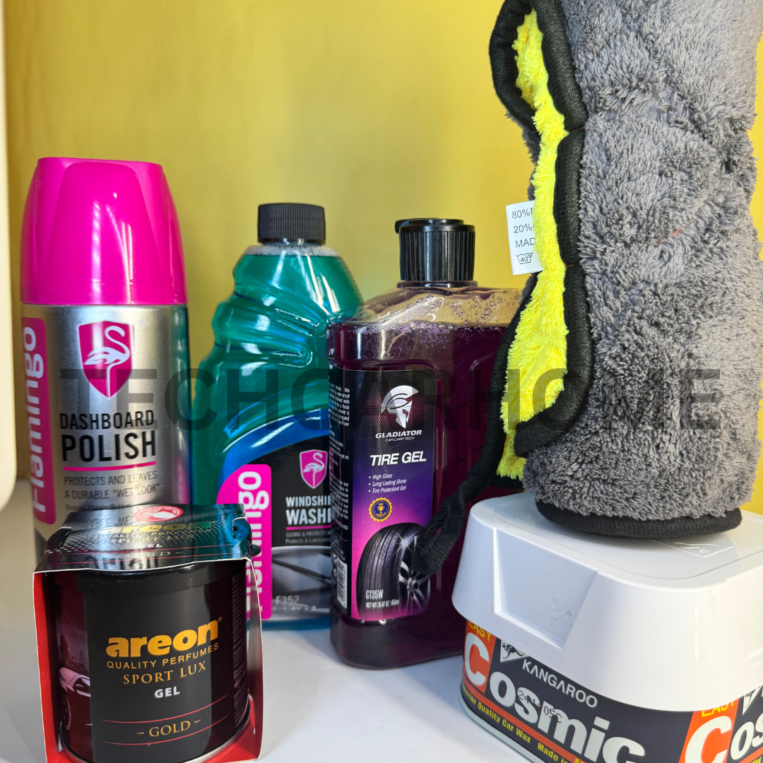 Glow & Go Car Care Kit – 6 items displayed against yellow backdrop for car interior and exterior cleaning.