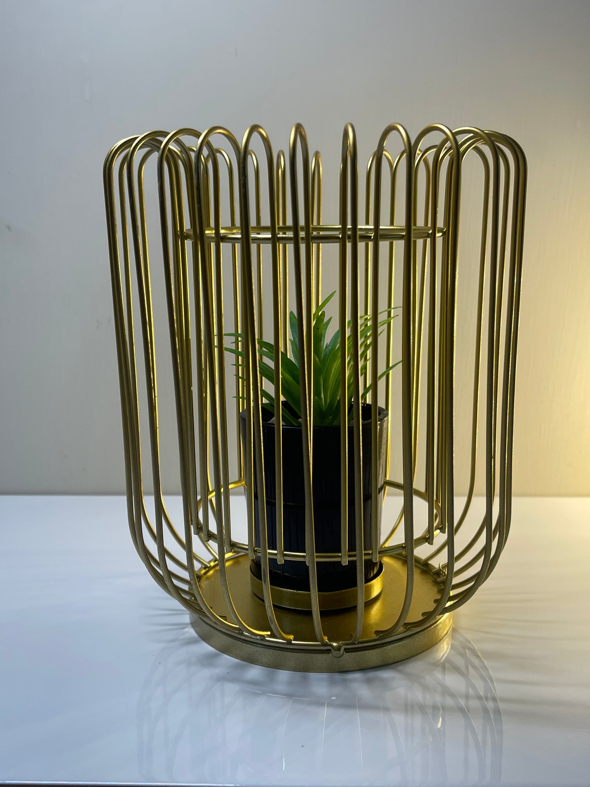 Gold metal cage planter stand with lifelike artificial succulent