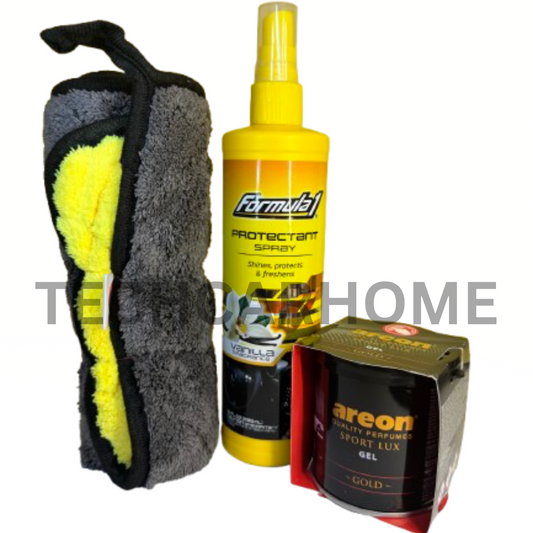 Interior car care 3-in-1 bundle with Formula 1 Protectant Spray, Areon Gold Gel, and Microfiber Cloth.