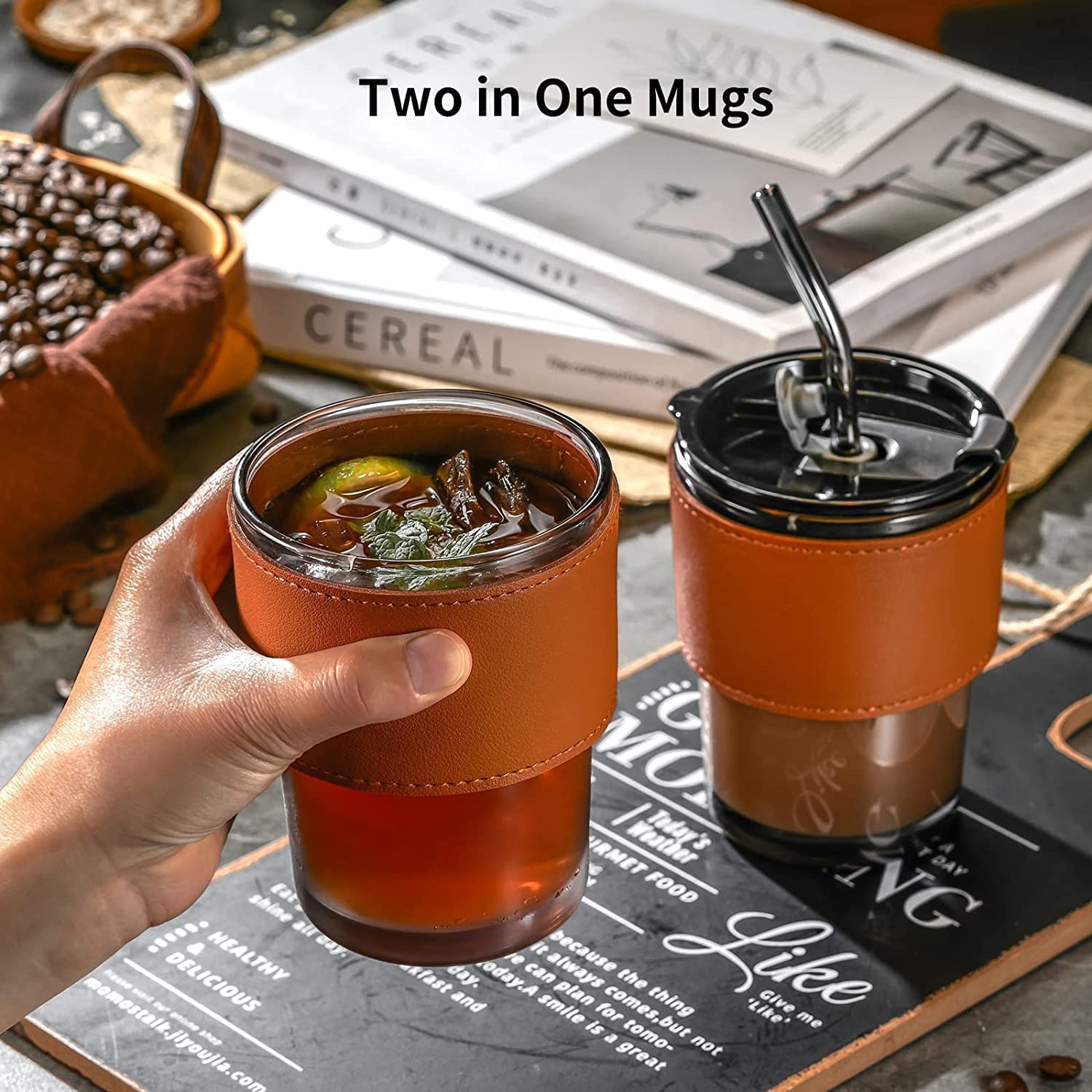 Leather Covered Glass Cup on a table, blending style and practicality for everyday use