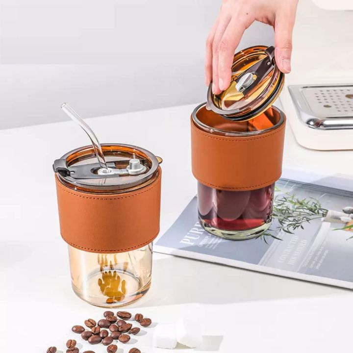 Leather Covered Glass Cup with lid, perfect for maintaining temperature and elegance