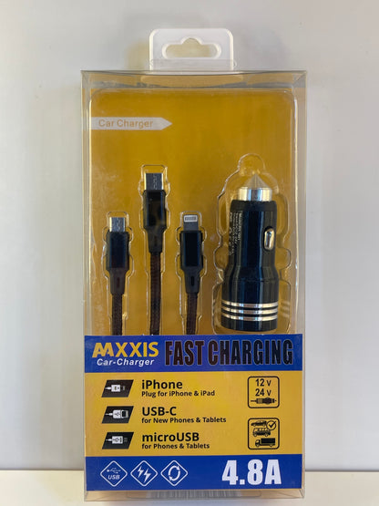 Maxxis Car Charger Kit with 4.8A dual USB ports for fast charging – by TechCarHome.com.