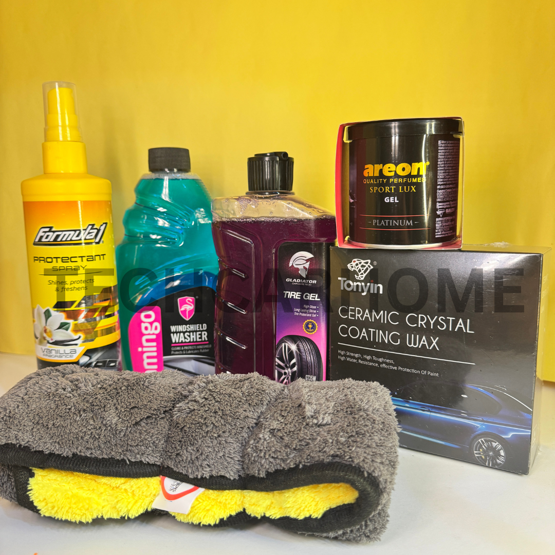 Protectant spray, Areon gel, and microfibre cloth – for interior care.