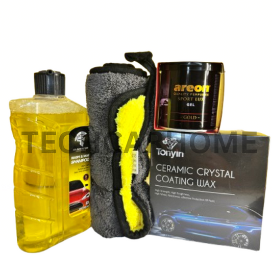 Quick Shine 4-in-1 car care bundle with Gladiator Wash & Wax Shampoo, Ceramic Wax, Areon Gold Gel, and Microfiber Cloth.