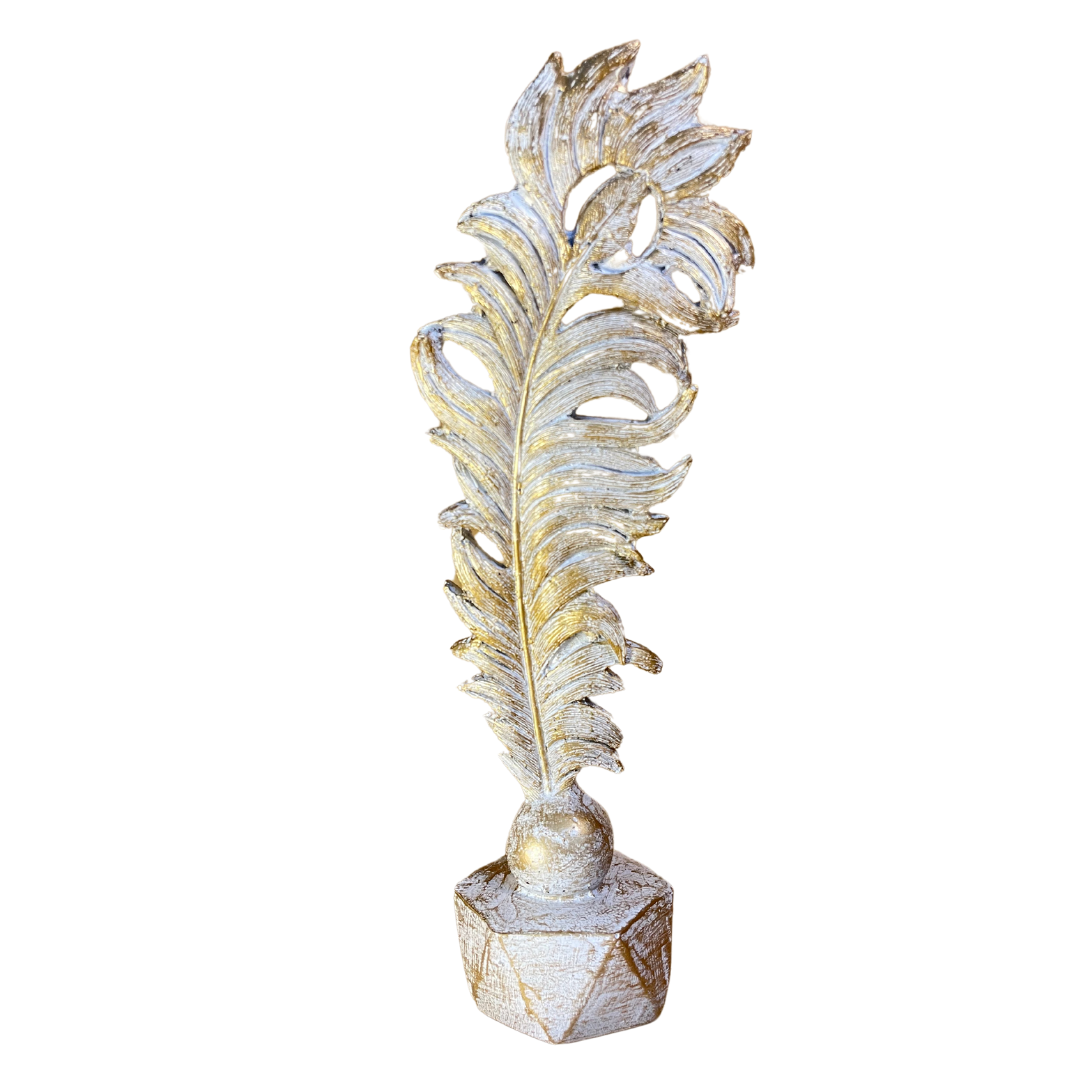 Resin Feather Statue displayed on a wooden shelf, showcasing its intricate details.