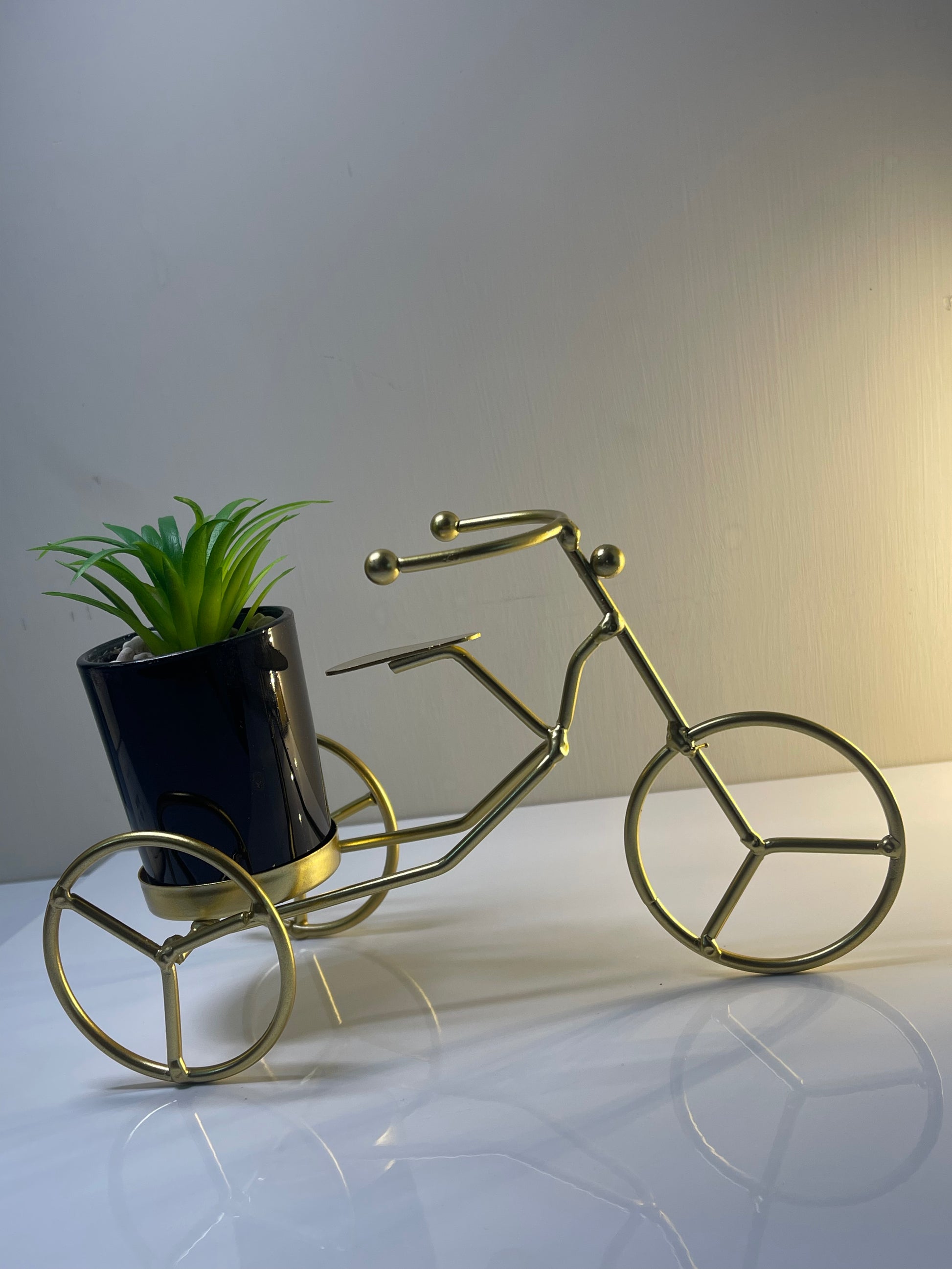 Side view of the black ceramic pot with gleaming gold details in a cycle-inspired metal planter.