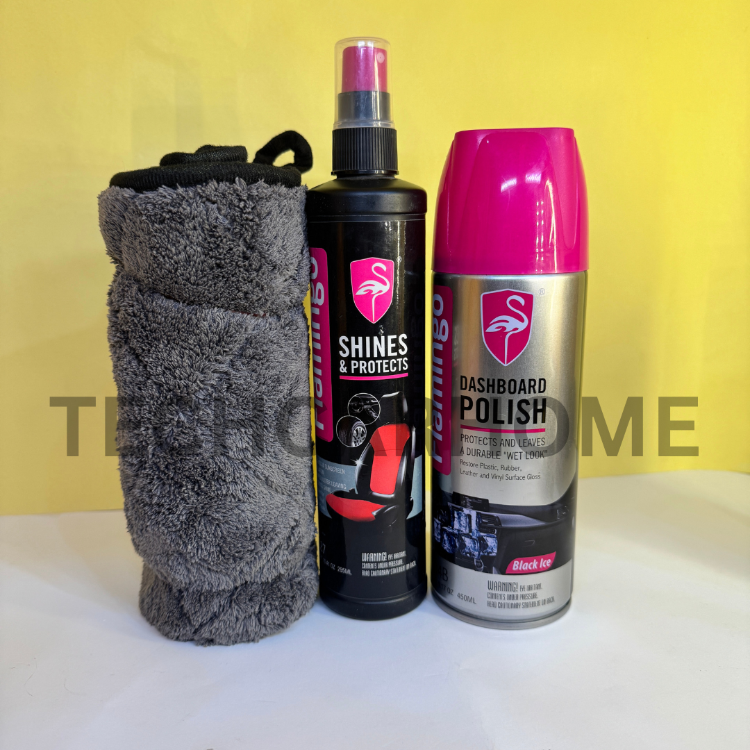 Top-down angled shot of Flamingo Dashboard Revival Bundle – compact and effective set for dashboard cleaning and shine.