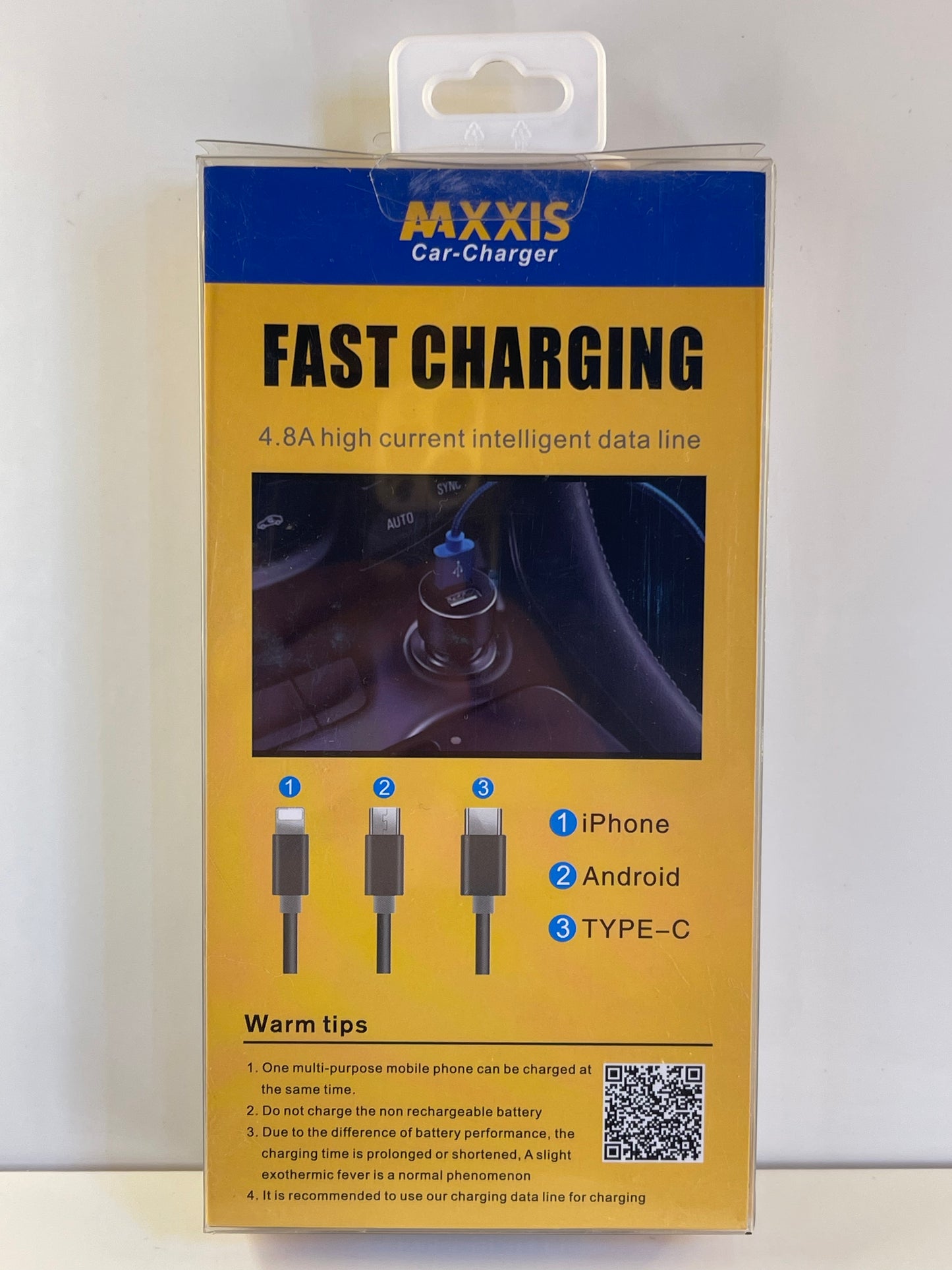 Universal car charger supporting Type-C, Android, and iPhone devices – by TechCarHome.com.