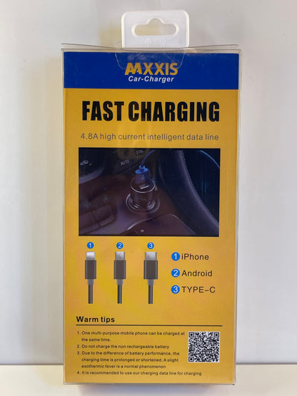 Universal car charger supporting Type-C, Android, and iPhone devices – by TechCarHome.com.