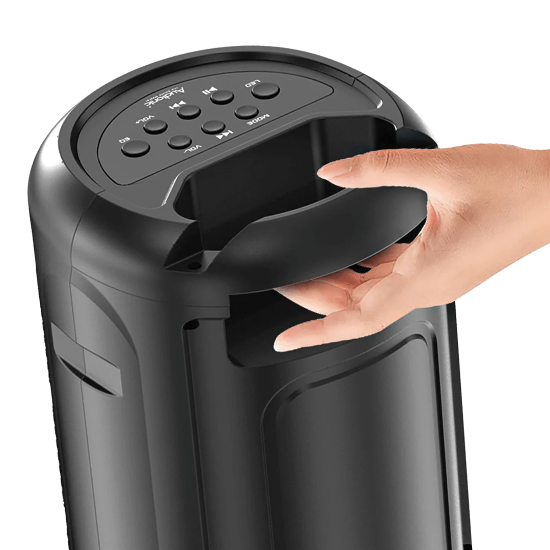  A top-down image displaying the control buttons and smooth surface of the Solo X50 Bluetooth Speaker.
