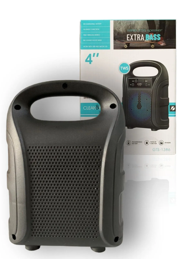 image of backside of gts-1386 wireless portable speaker by techcarhome.com
