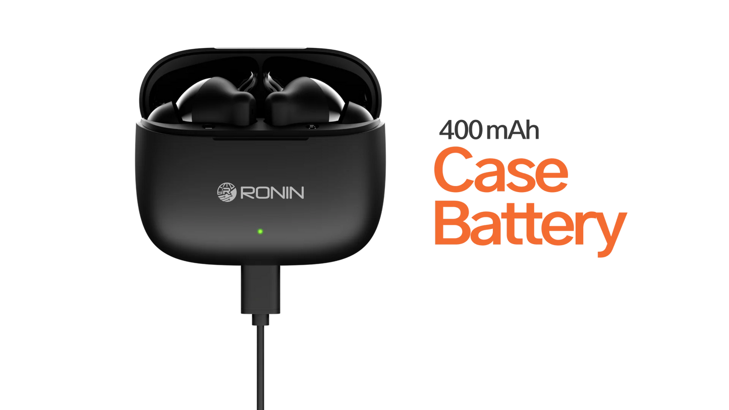 Close-up of Ronin R-740 earbuds showing sleek design