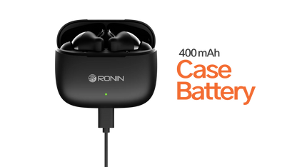 Close-up of Ronin R-740 earbuds showing sleek design