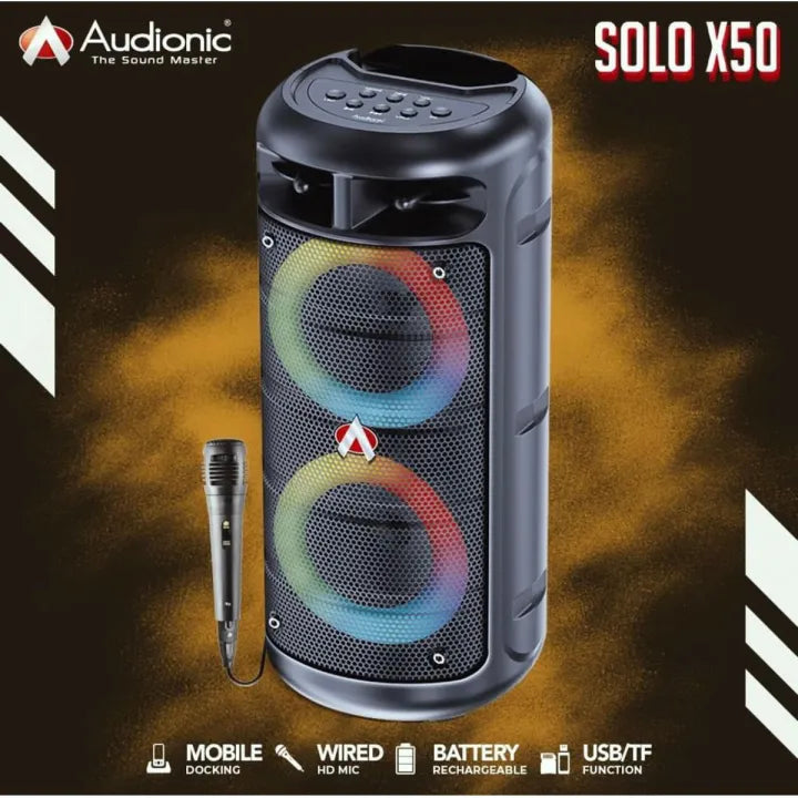 A front-facing image of the Solo X50 Bluetooth Speaker by Audionic, showcasing its sleek and compact design with a modern black finish.